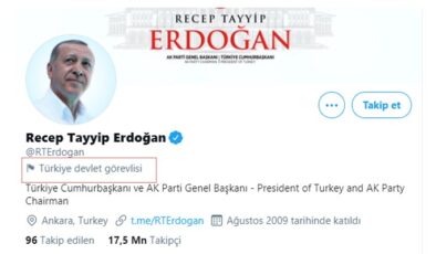 Twitter, Erdoğan’ın hesabını etiketledi