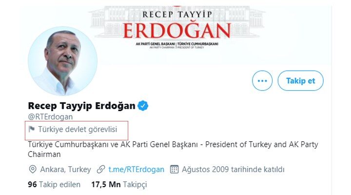 Twitter, Erdoğan’ın hesabını etiketledi